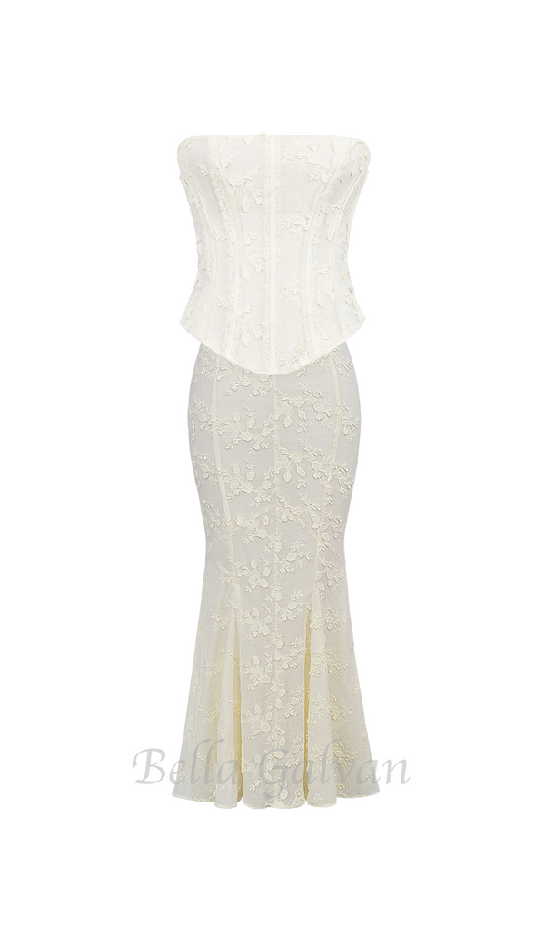 vintage ivory embroidered strapless corset skirt suit