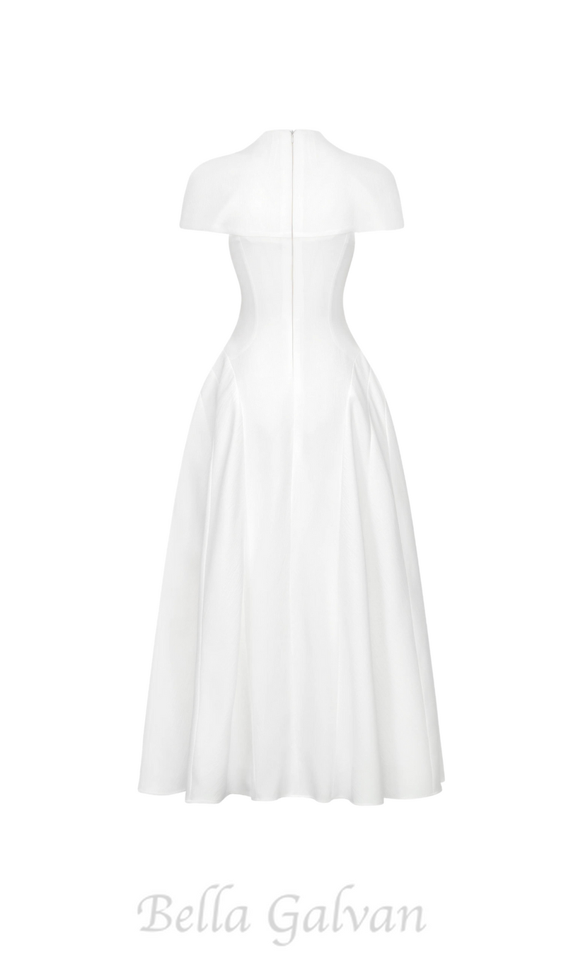 MYRNA SQUARE NECKLINE A-LINE MIDI DRESS IN WHITE