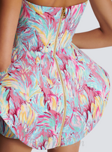 STACEY MULTICOLOR FEATHER PRINT PEPLUM BUSTIER MINI DRESS