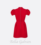 puff sleeve pleated mini dress in red (without black belt)