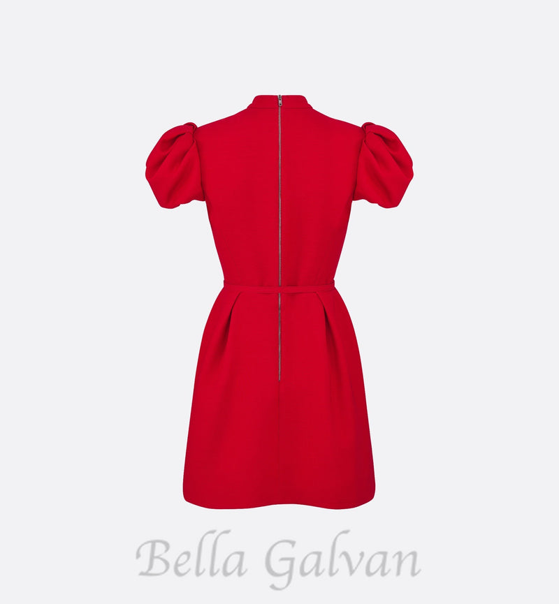 puff sleeve pleated mini dress in red (without black belt)