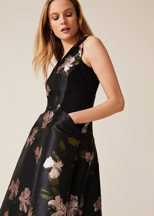 floral jacquard midi dress in black