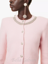 Rhinestone-embellishment padded-shoulders knitted cardigan in pink