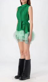 half-high-neckline tulle mini dress in green