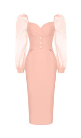 MESH SLEEVE BODYCON MIDI DRESS IN BLUSH PINK