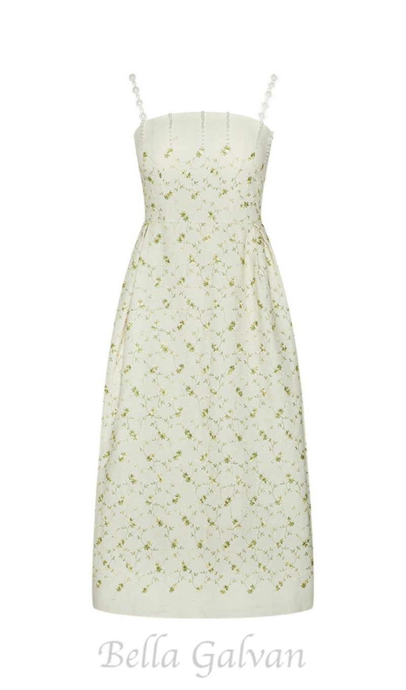 GREEN PRINTED PERAL STRAPS MIDI DRESS