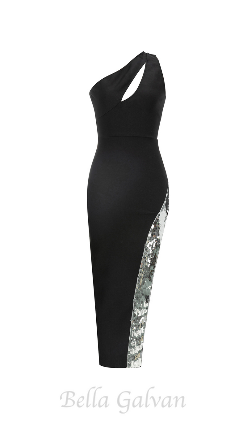 PHYLLIS ONE-SHOULDER SEQUINED HEM HIGH SLIT MIDI DRESS