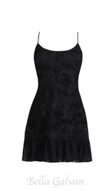 FLORAL APPLIQUÉ PLEATED HEM MINI DRESS IN BLACK