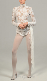 ZANNA WHITE HIGH NECK EMBROIDERED LACE BODYSUIT