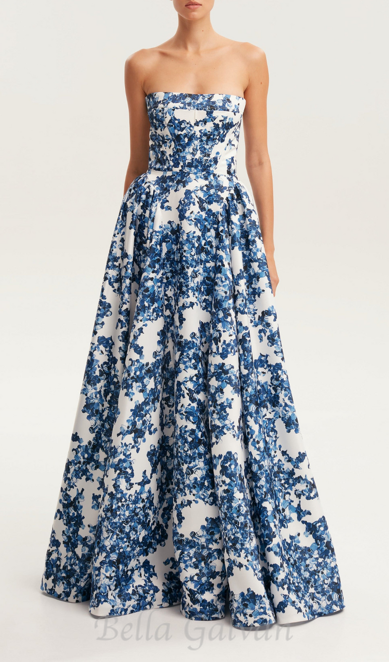 LETITIA BLUE HYDRANGEA STRAPLESS MAXI DRESS