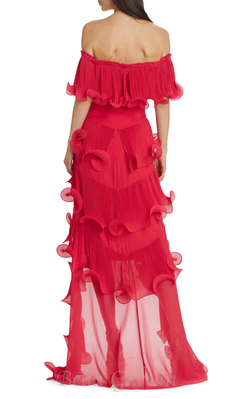 DORA ROSE RED OFF-SHOULDER PLEATED ORGANZA MAXI DRESS