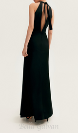 RACHEL BLACK HALTERNECK SATIN BACK CUTOUT MAXI DRESS