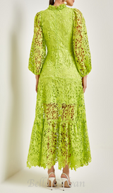 TARA GREEN LACE EMBROIDERED LONG SLEEVE MIDI DRESS