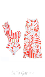 RUFFLE PRINTED SWIMSUIT AND SKIRT SET