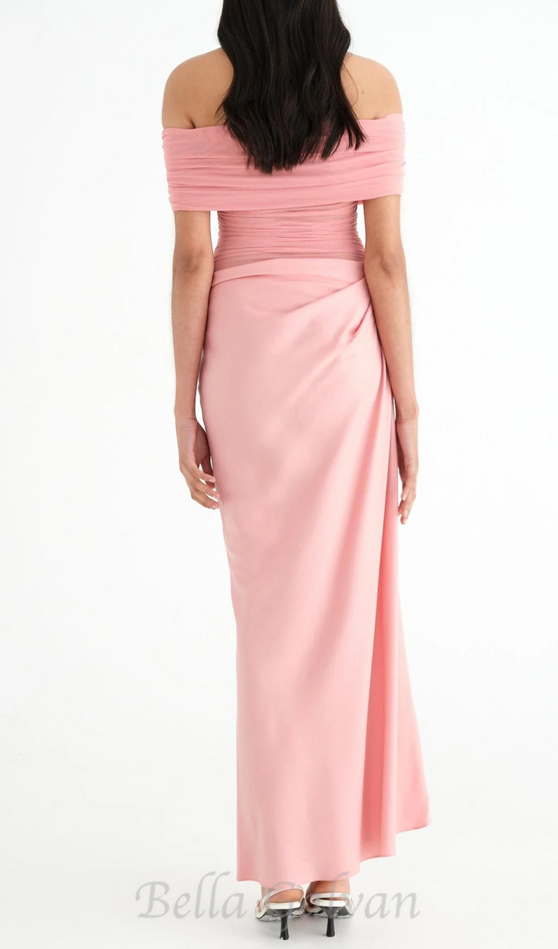 Reanko Off Shoulder Ruched Mesh Maxi Dress in Pink