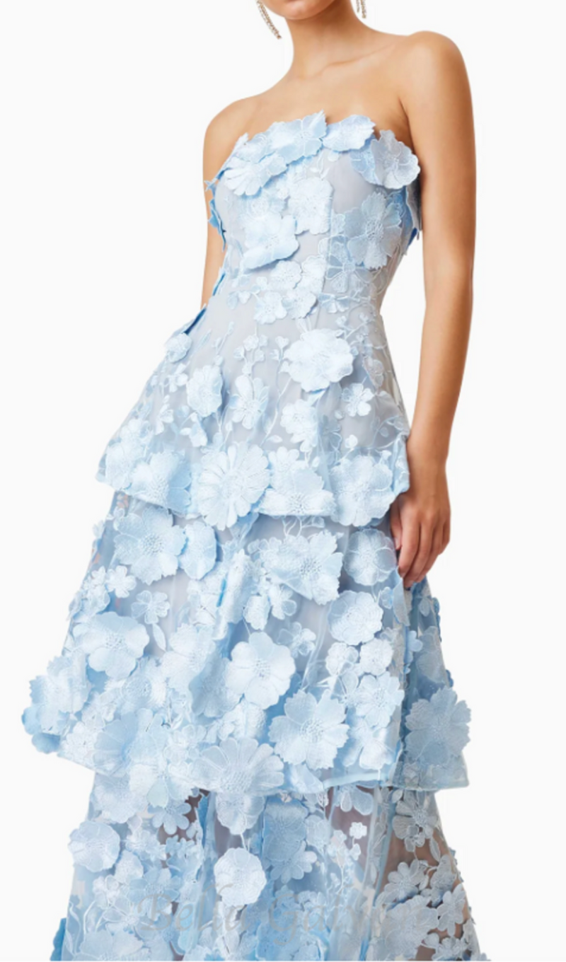 Selene 3D flower Tiered Maxi Dress In Blue