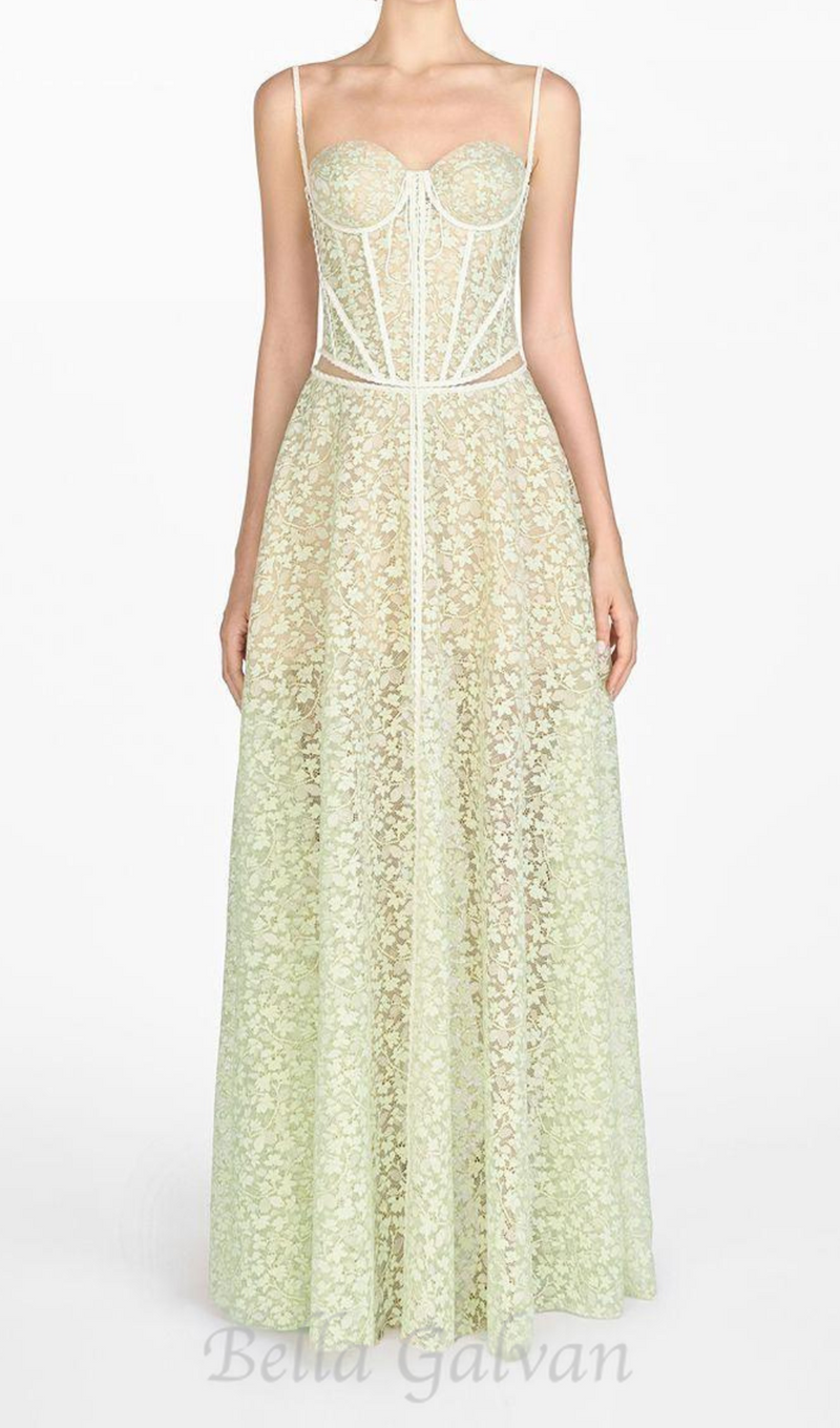 TESS LACE STITCHING HOLLOW SLIT MAXI DRESS IN GREEN