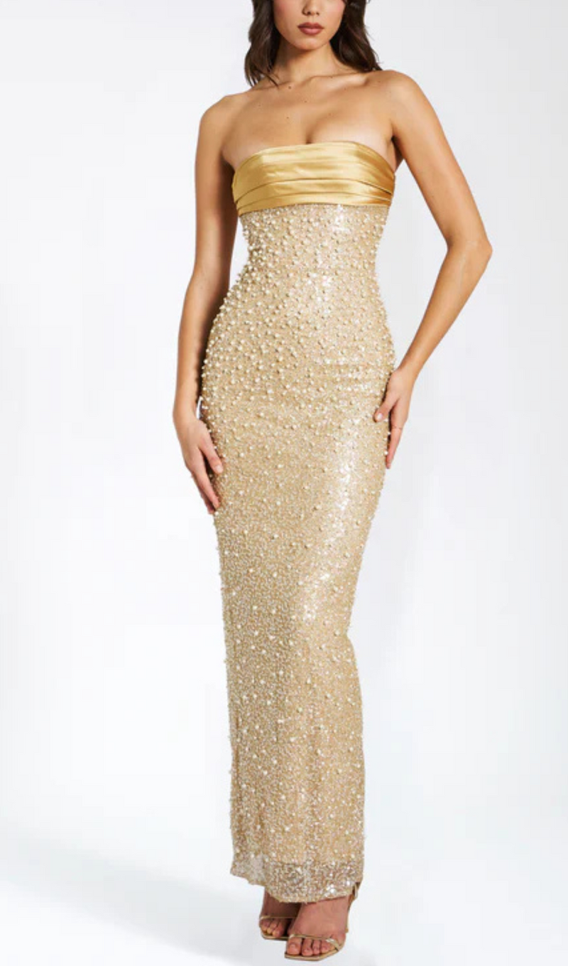 GOLD SATIN SEQUIN PEARLS BEADED MAXI DRESS