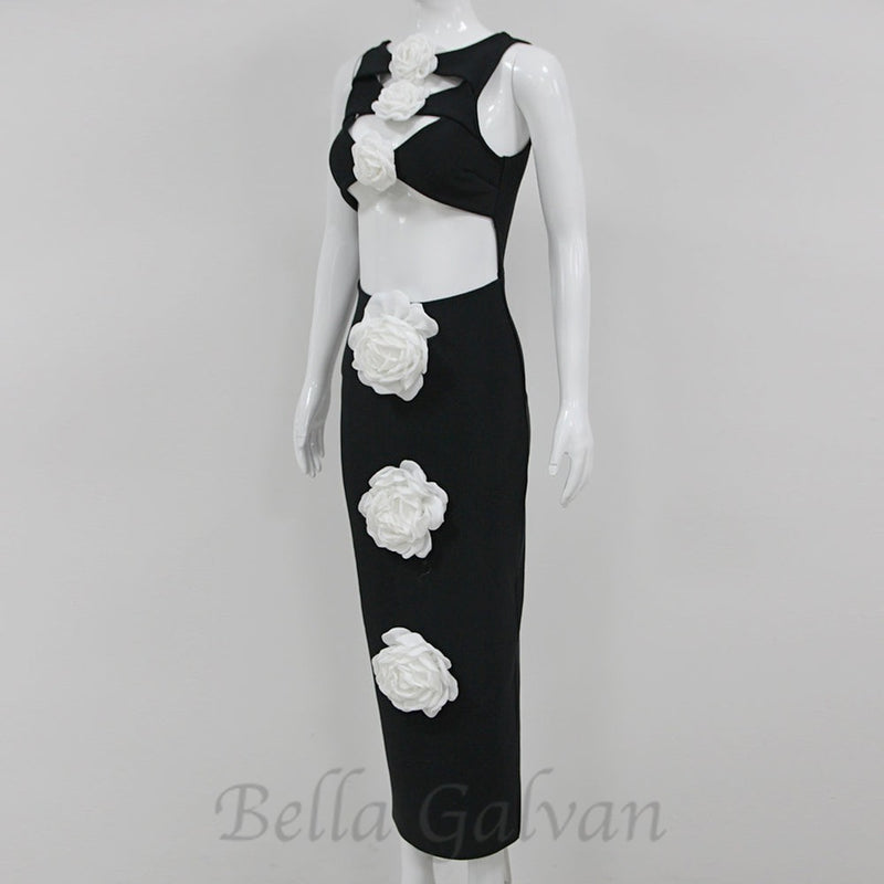 3D FLOWER CUT OUT BODYCON MIDI DRESS IN BLACK