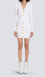 TARA WHITE SHORT KNITTED MINI DRESS WITH GOLD BUTTONS