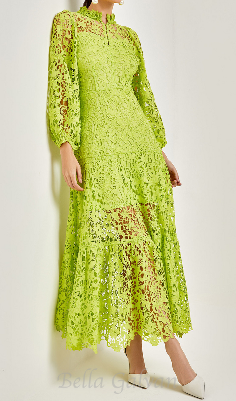 TARA GREEN LACE EMBROIDERED LONG SLEEVE MIDI DRESS