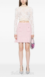 Fluffy rib-knit mini skirt in pink