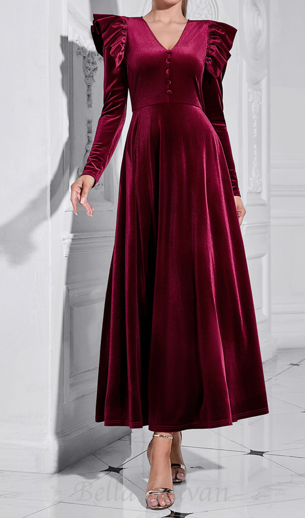 IRMA BURGUNDY V-NECK RUFFLE TRIM EMBELLISHED VELVET MAXI DRESS