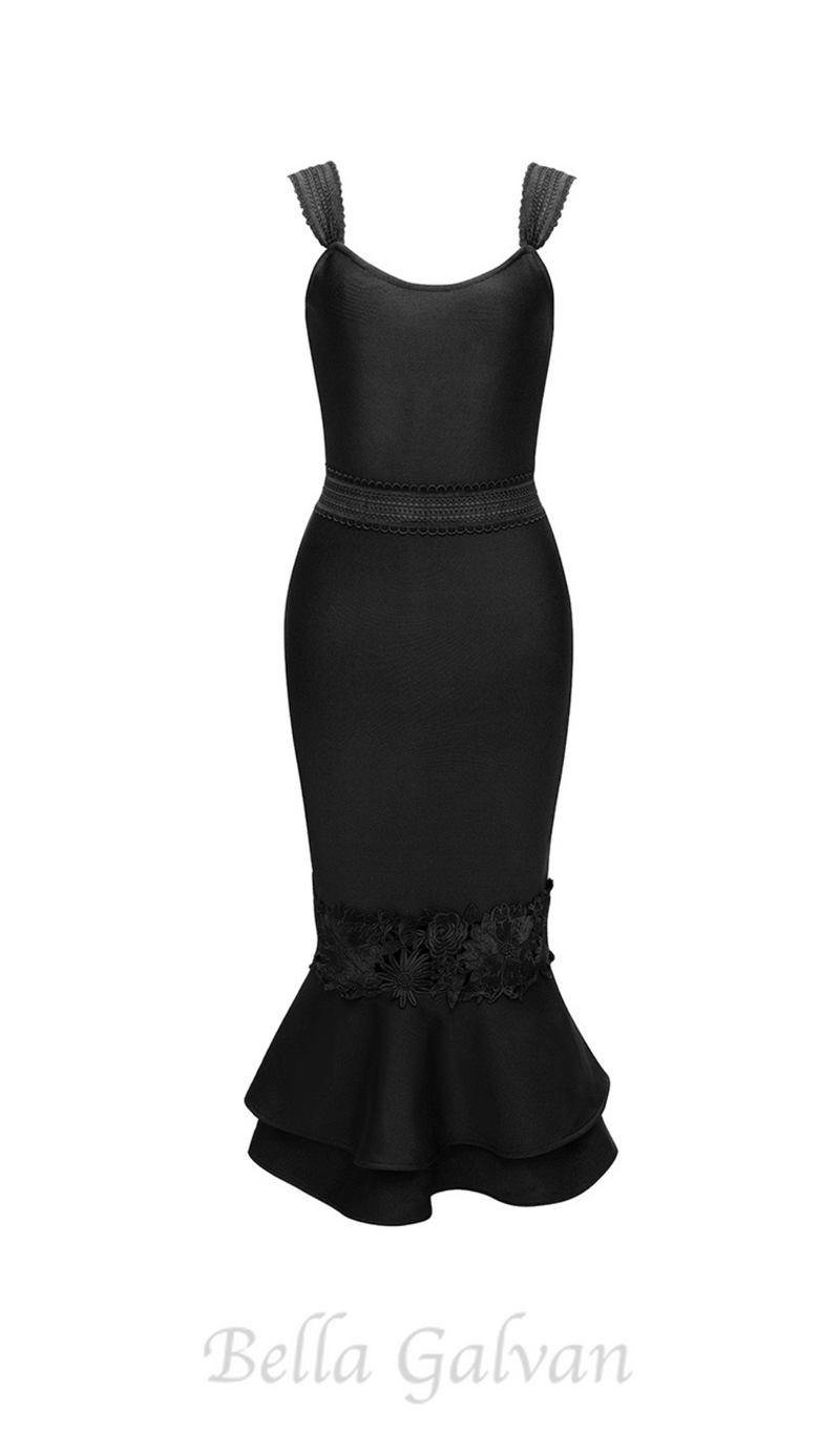 AGATHA MERMAID HEM FLORAL LACE BANDAGE MIDI DRESS IN BLACK