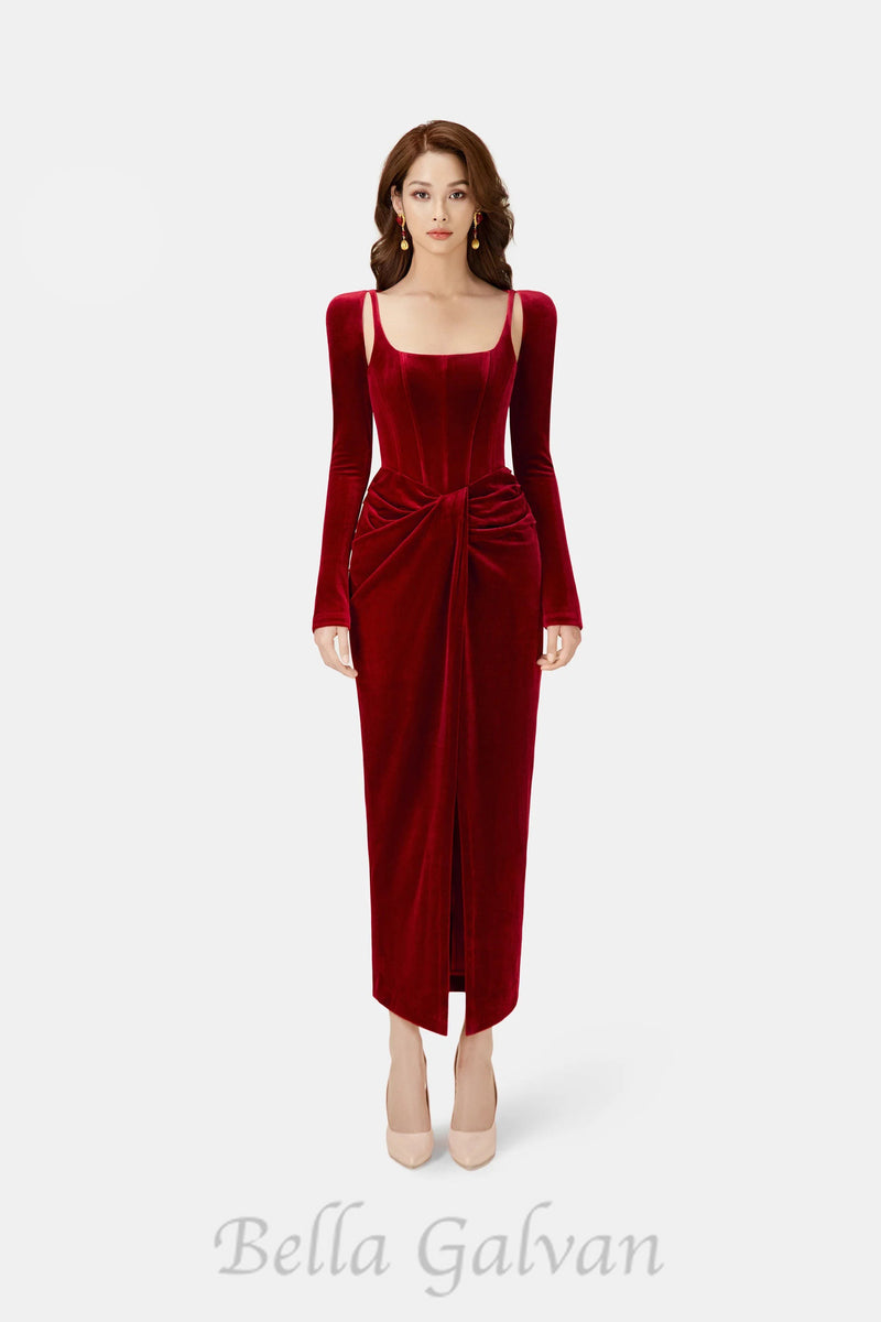 Bordeaux Velvet Draped midi Dress