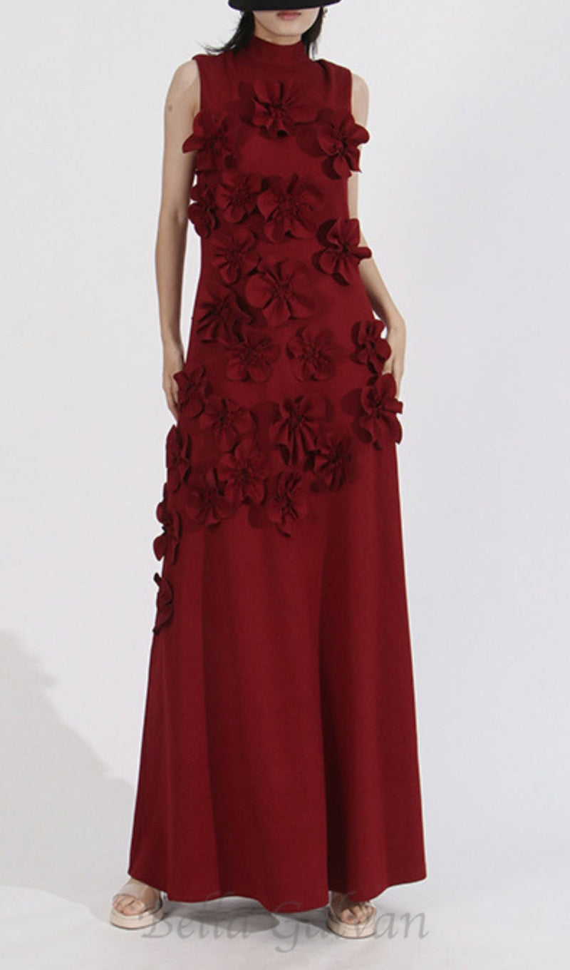 ANNONA RED FLOWER EMBELLISHED MAXI DRESS