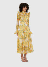 Daisy Print Butterfly Sleeve Midi Dress in yellow