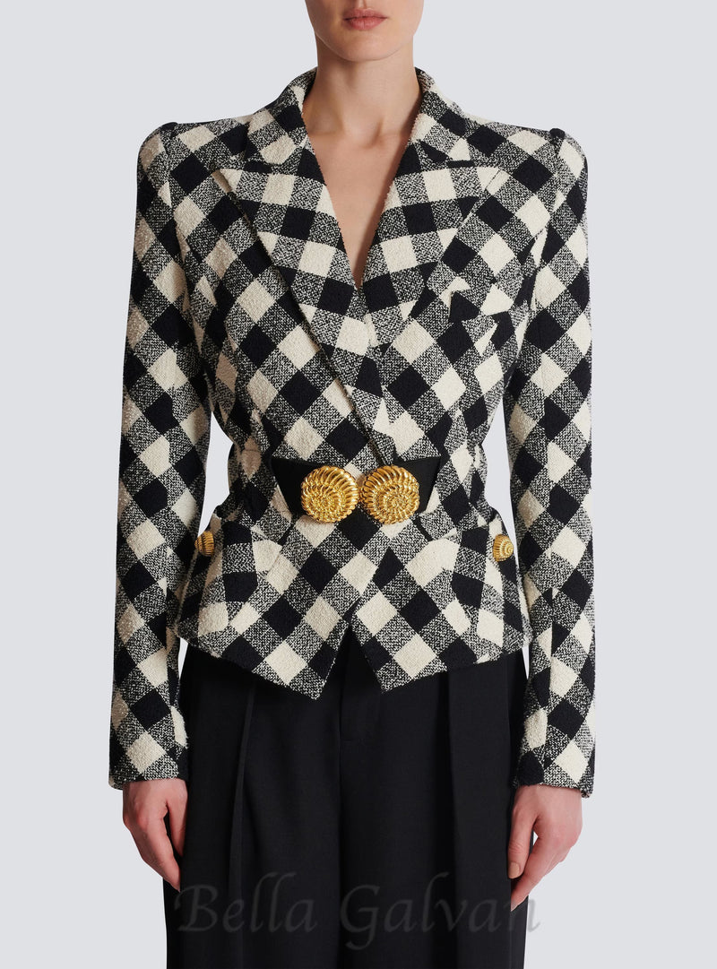 Belted gingham tweed jacket with two Snail buttons