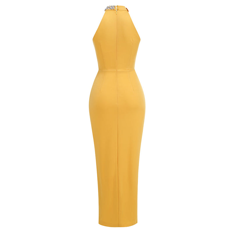 MAMIE HALTER FLORAL CRYSTAL MAXI DRESS IN YELLOW