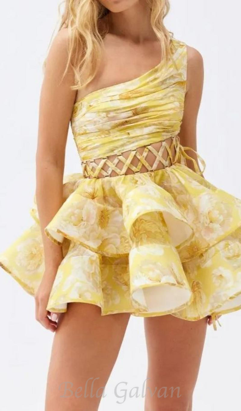 GAIL YELLOW FLORAL PRINTED ONE-SHOULDER MINI CHIFFON DRESS