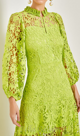 TARA GREEN LACE EMBROIDERED LONG SLEEVE MIDI DRESS