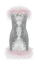 STRAP SILVER SEQUIN FEATHER MINI DRESS