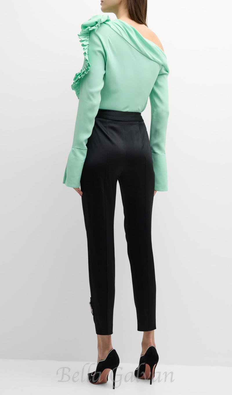 BELLE GREEN RUFFLE ROSETTE ONE-SHOULDER CROP TOP