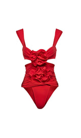 RED 3D FLOWER ONE PIECE SWIMSUIT AND SKIRT