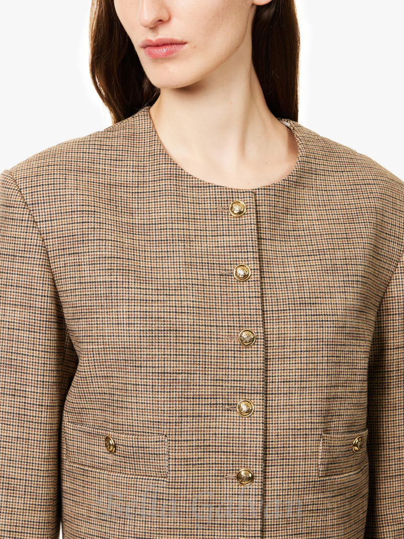 Round-neck houndstooth-pattern woven jacket in Bruns