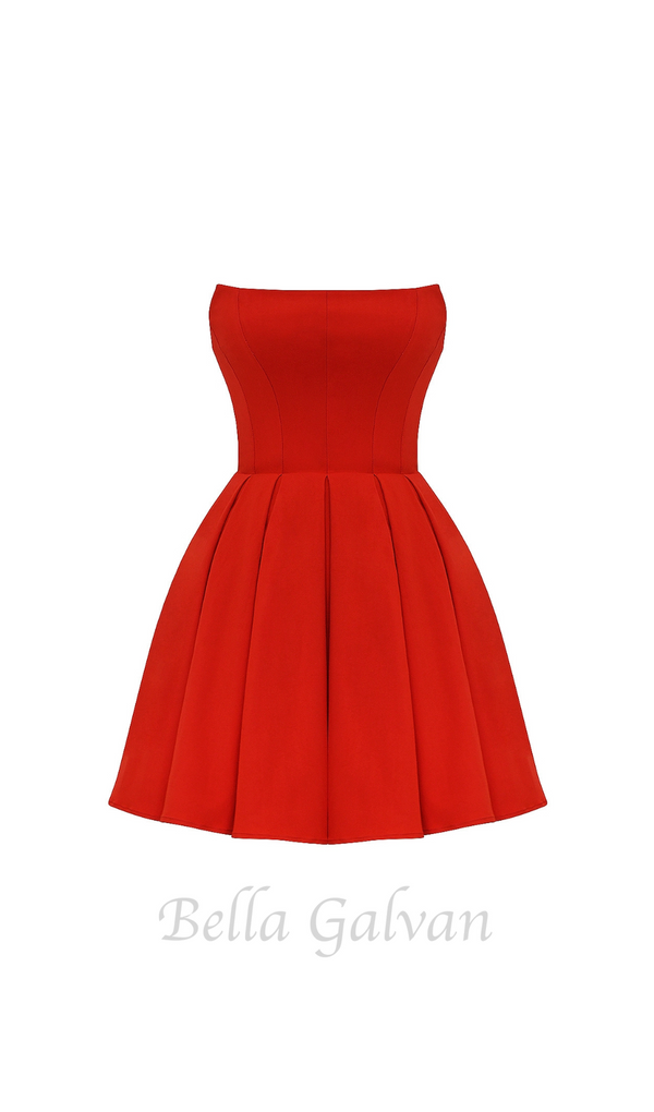 tomato red strapless pleated mini dress