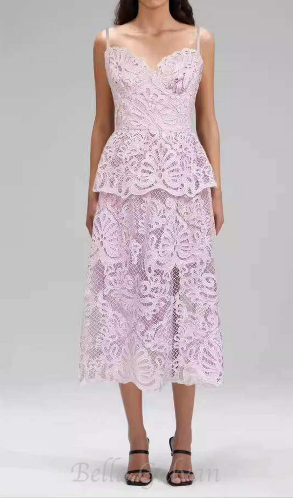 EVELYN CUT OUT LACE LAYERING MIDI DRESS IN PINK