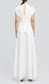 white Waist cross pleats midi dress with asymmetric hemline