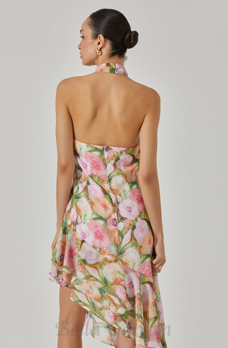 SABINA PINK GREEN ASYMMETRIC FLORAL HALTER MIDI DRESS