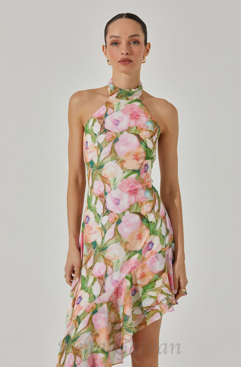 SABINA PINK GREEN ASYMMETRIC FLORAL HALTER MIDI DRESS