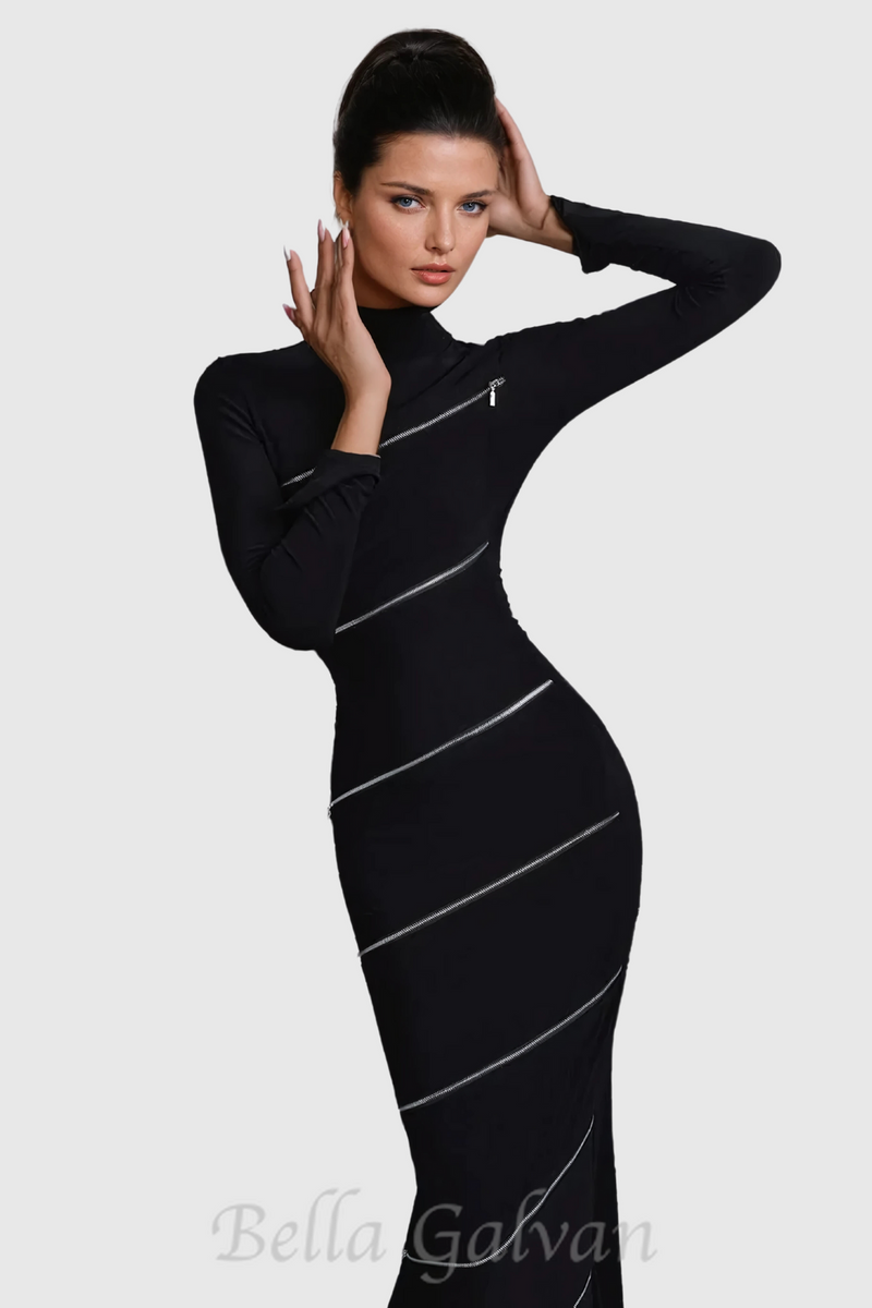 Aloysius Zipper Bodycon Maxi Dress In Black