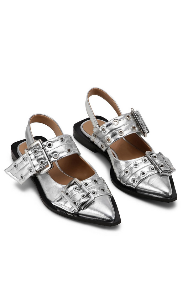 Anabella Buckle Ballerinas - Silver