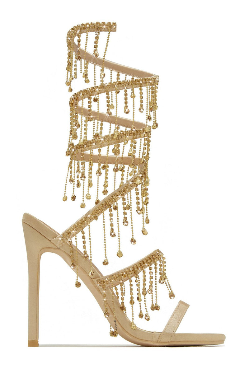 Arabella Rhinestone Tassel Stiletto Heels - Gold