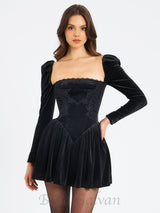 Yolanda Black Velvet Long Sleeve Mini Dress with Lace Trim