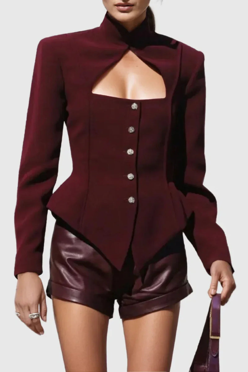 Aymee Cutout Button Blazer in burgundy