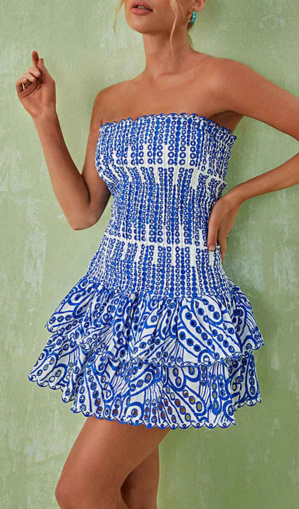 STRAPLESS RUFFLE MINI DRESS IN BLUE